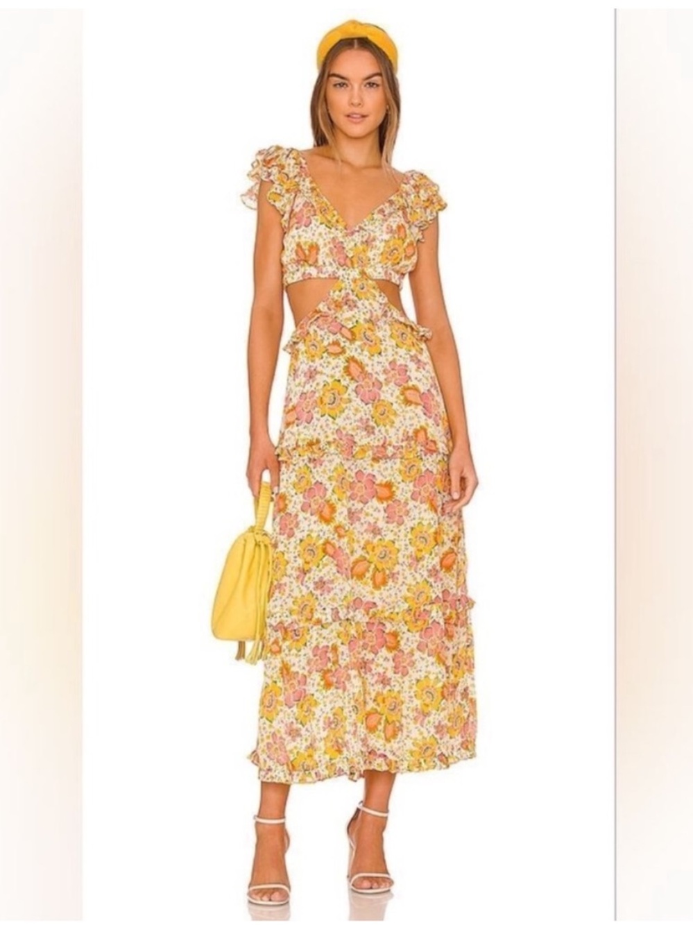 Cleobella Clara Ankle Dress Lucia Floral Print Size XS Midi Yellow Boho Ruffle